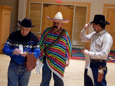 Celtic Club members (left to right) Jack Neven, George Lipkie, and Tim Leonardo prepare for a dress rehearsal of Clarisse and the Colonel, the club’s upcoming St. Patty’s Day original production.