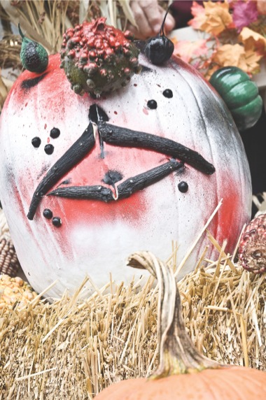 The pumpkin face is made of small pumpkins for ears, a gourd for the nose, radishes for eyes, and a parsnip mouth. (Photo by Chris LaPelusa/Sun Day)