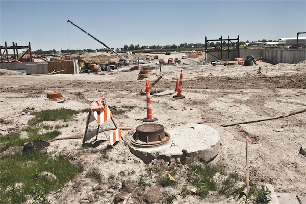 The foundation for Centegra Hospital-Huntley is underway. The two steel structures are the beginnings of its service elevators. The view shown here will be its main entrance. (Photo by Chris LaPelusa/Sun Day)