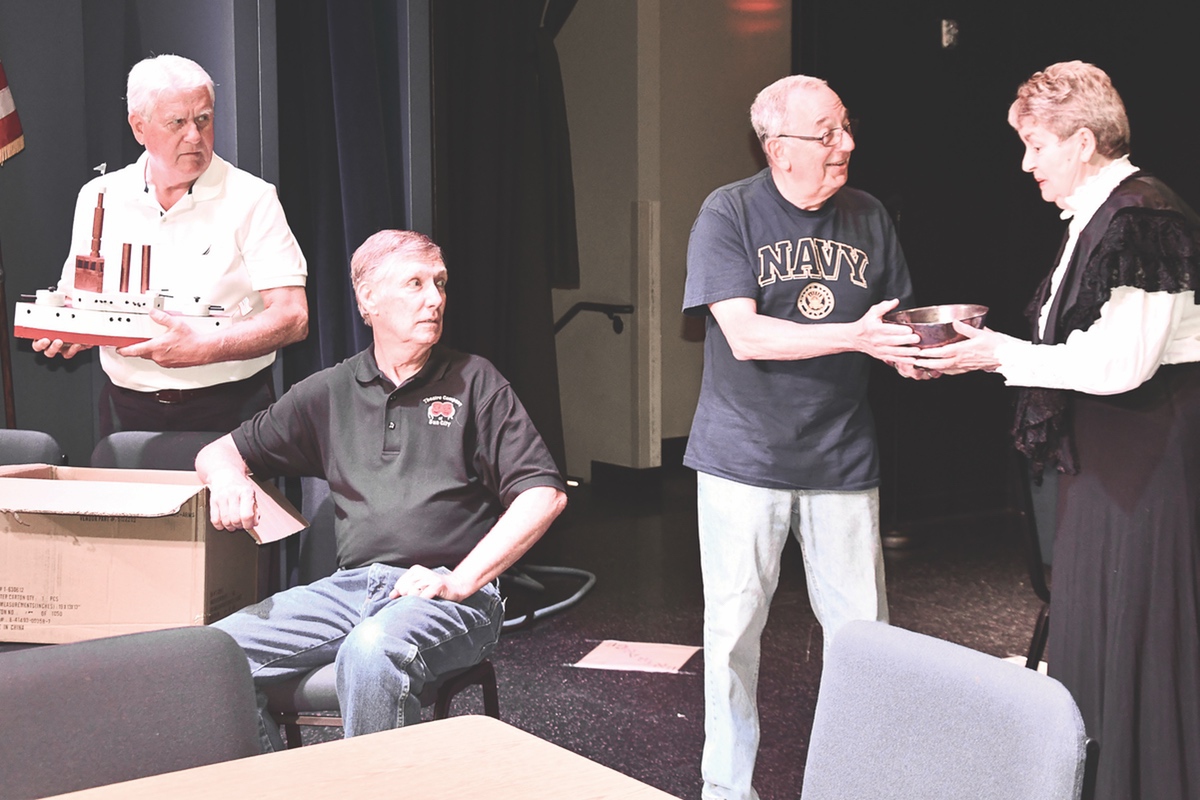 L to R: Jim Rice, Russ Howard, Myron Shellist, Eileen Solsberger rehearse a scene in Arsenic and Old Lace.