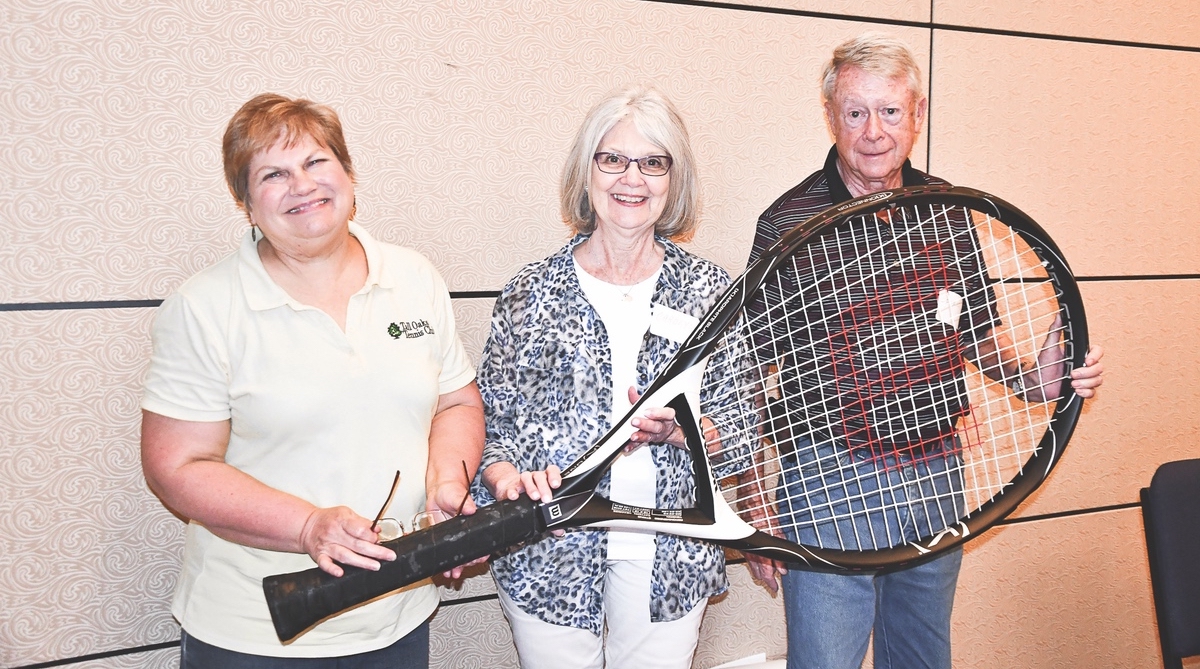 Tennis, anyone? L to R: Donna Roche, Carolyn Lindsey, and Dennis McWilliams at Participation Day. (Photo by Chris LaPelusa/Sun Day)