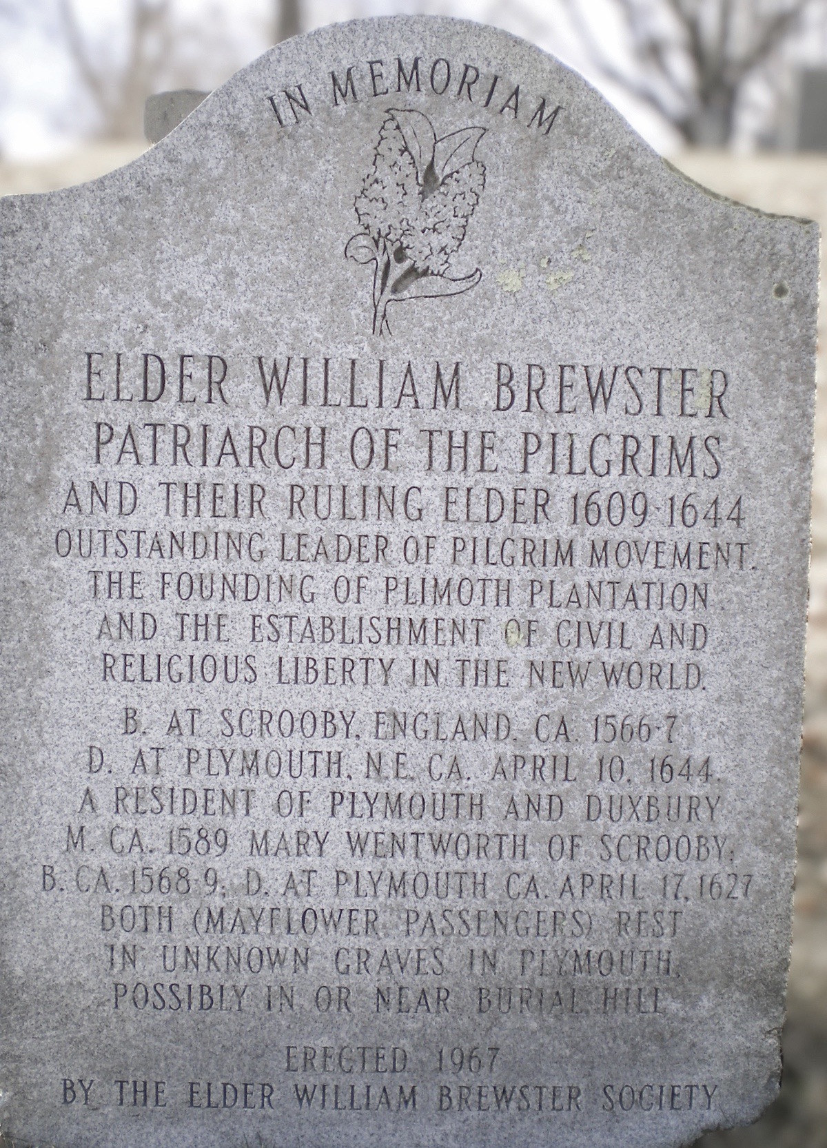 The gravestone Kenny’s ninth great-grandfather, William Brewster, who was a patriarch and ruling elder of the Mayflower pilgrims. (Photo provided)